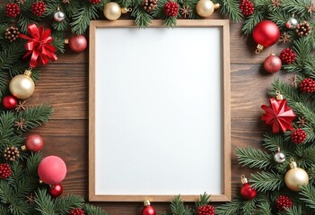 Festive mock up poster frame surrounded by Christmas decorations and ornaments