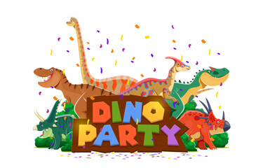 Naklejka premium Dino party banner, birthday invite cover. Vector vibrant and playful invitation for a dino-themed event with cartoon dinosaurs, lush greenery, confetti and colorful fun typography on wooden plate