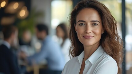 Obraz premium Confident Woman Smiling in Modern Office Setting