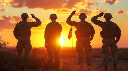 US Army soldiers salute against the backdrop of sunset and the US flag