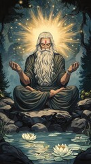 Brahma sitting in a lotus pond, his hands radiating light, creating the natural world, divine creator