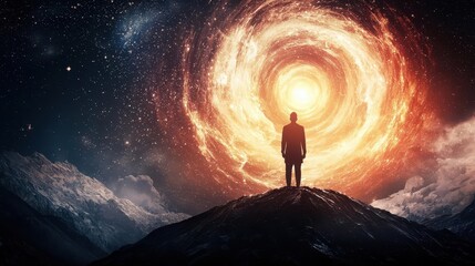 Fototapeta premium Brahma standing at the center of the universe, surrounded by the birth of stars and galaxies, divine creation