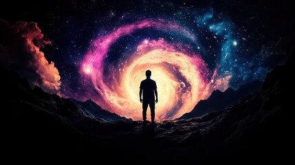 Fototapeta premium Brahma standing in a cosmic ocean, creating life with his divine energy, swirling galaxies and stars