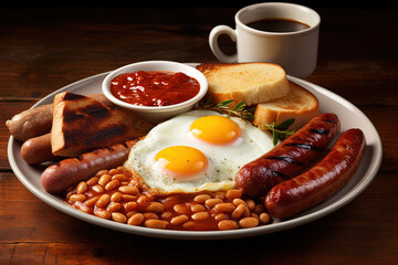 English Breakfast with sausages, grilled tomatoes, egg, bacon, beans and bread on plate