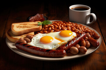 English Breakfast with sausages, grilled tomatoes, egg, bacon, beans and bread on plate