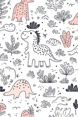 Adorable line art dinosaurs in a whimsical seamless pattern