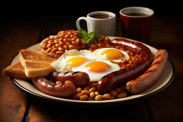 English Breakfast with sausages, grilled tomatoes, egg, bacon, beans and bread on plate