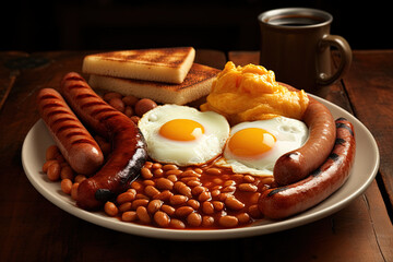 English Breakfast with sausages, grilled tomatoes, egg, bacon, beans and bread on plate