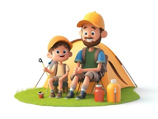 3D cartoon of father and son, enjoying camping and hiking, white background.
