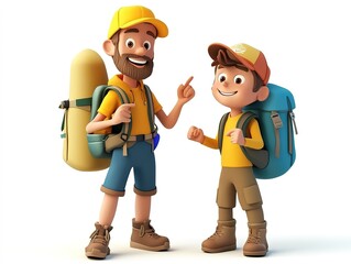 3D cartoon of dad and son camping, hiking fun, white background