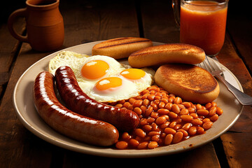 English Breakfast with sausages, grilled tomatoes, egg, bacon, beans and bread on plate