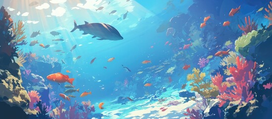 Fototapeta premium Underwater scene featuring a vibrant coral reef with various fish swimming through the ocean