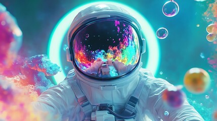 Dreamlike astronaut illustration with bubbles around him/her, colorful fantasy design space related