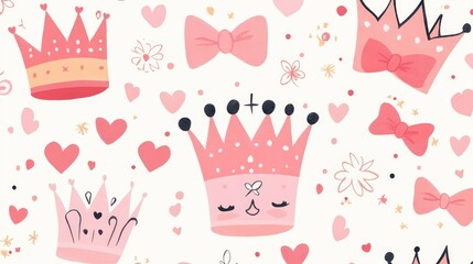 Vector illustration featuring a pink princess pattern ideal for birthday card templates baby shower invites children s wallpaper and fabric design Charming print with crowns bows and hearts