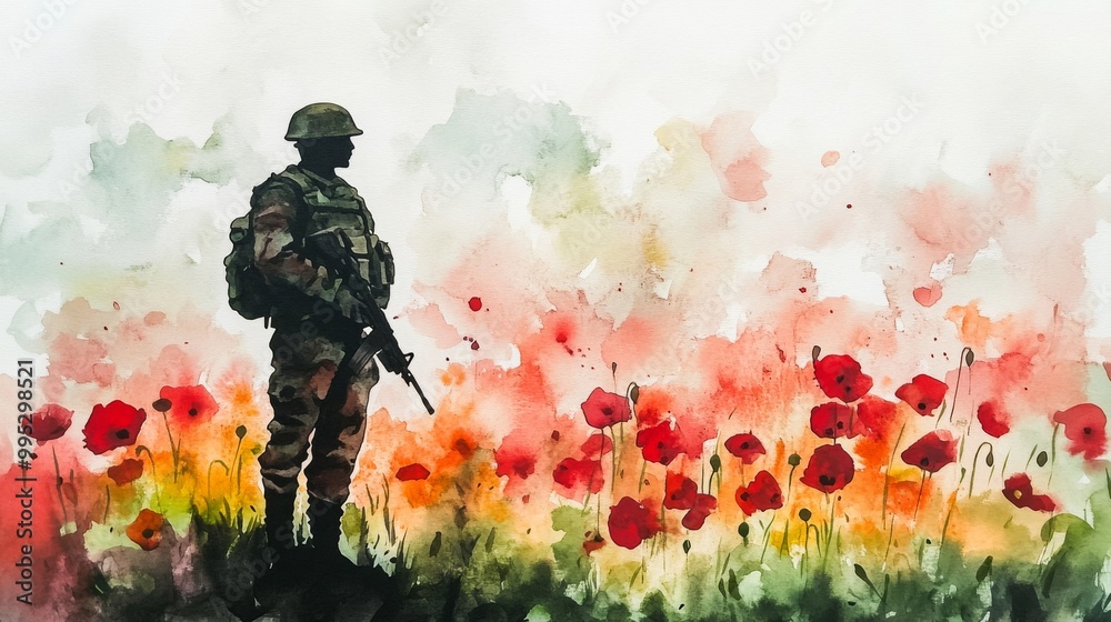 Sticker Watercolor painting of a soldier's silhouette