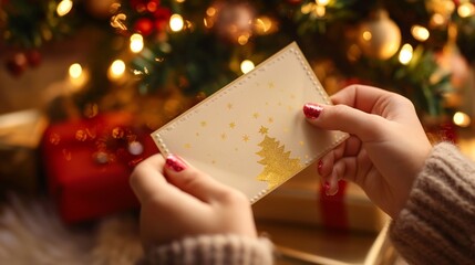 Woman holding a christmas card with a golden glitter christmas tree, with christmas lights and decorations in the background
