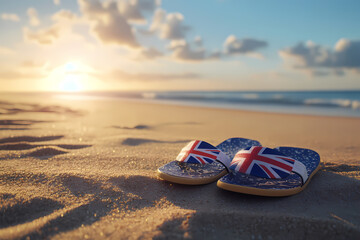 Fototapeta premium Vibrant Australian flag flip-flops and sunglasses on serene beach