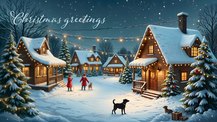 Snowy cottages with glowing lights on a peaceful winter night. Vintage Christmas postcard