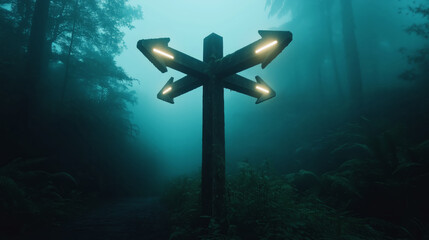 Naklejka premium Mysterious Direction Sign in Foggy Forest