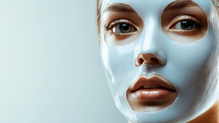Fototapeta premium Woman with white facial mask close-up, looking forward