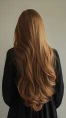 Obraz premium beautiful woman from the back, long waivy hair, in motion, professional photography, high detail, image clarity, minimalism, in style of fashion magazine cover, plain background 