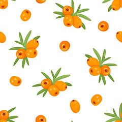 Sea buckthorn seamless pattern. Vector background with fresh berry. Cartoon illustration of healthy food.