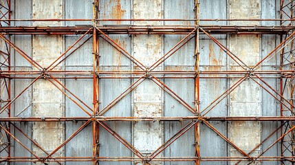 Metal grids and scaffolding in a repetitive pattern, symbolizing the structure and support of industrial buildings