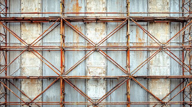 Metal grids and scaffolding in a repetitive pattern, symbolizing the structure and support of industrial buildings