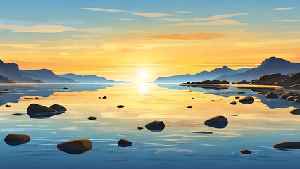 A tranquil landscape illustration featuring reflective water, rocky terrain, and distant mountains under an orange-yellow sky, perfect for peaceful nature-inspired designs.