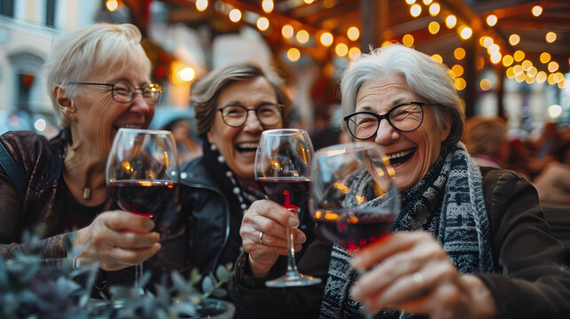 Happy senior women drinking red wine at bar restaurant