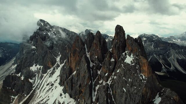 4k Aerial Drone View Flying Straight Torward Jagged Sharp Peaks Of Seceda In Val Gardena, Dolomites In Northern Italy