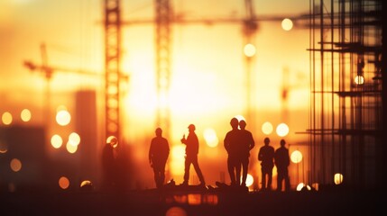 engineers and construction crews appear silhouetted against a blurred background of pastel sunsets and glowing lights