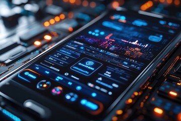 Fototapeta premium Device smartphone with futuristic technology background. Hi-tech. Development and coding for smartphone. Concept development of a new smartphone in HUD style. Mockup generic device.Vector illustration