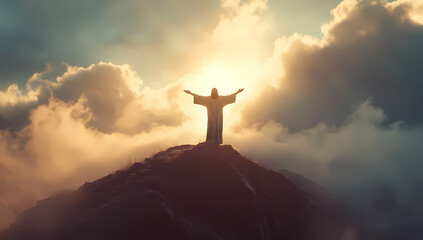 Silhouette of Jesus on a mountain illuminated by sunset rays