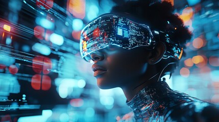 Woman in VR Headset with Neon Lights