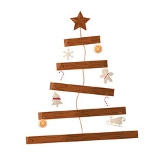 Rustic Wooden Christmas Tree with Minimal Ornaments. minimalist Christmas tree made of wooden planks. simple holiday ornaments. perfect for eco-friendly seasonal décor
