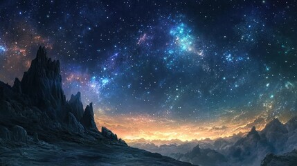 A Mountainous Landscape Under a Starry Night Sky