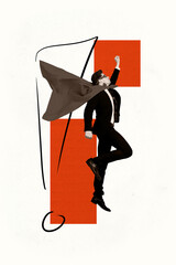 Vertical photo collage of serious businessman ear superhero costume determination development career up isolated on painted background