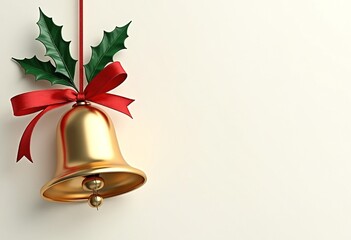 Golden Christmas Bell with Red Ribbon and Holly