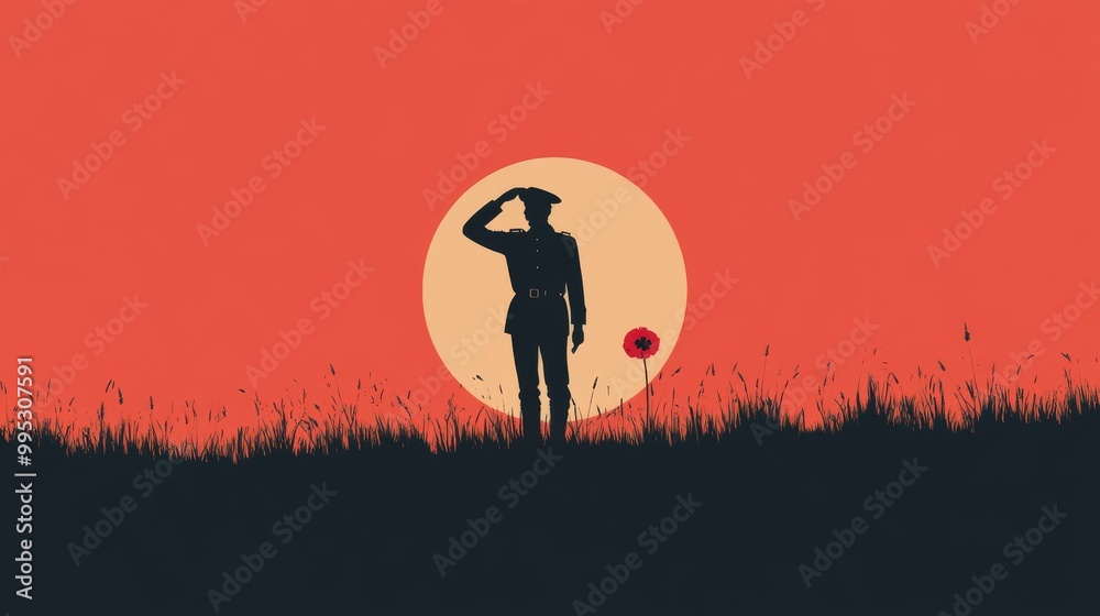 Sticker A man in a military uniform stands in a field with a poppy in his hand