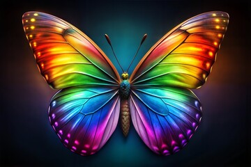 Rainbow butterfly with iridescent wings against dark background
