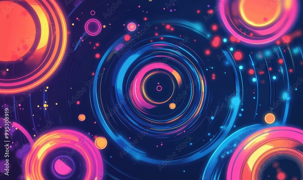 Poster dynamic circular frames with drop circles illustrating ai technology and science in a vibrant 2d car