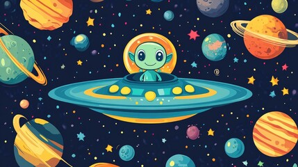 Whimsical illustration of a playful alien aboard a flying saucer framed by planets in a circle showcasing a vibrant space scene with UFOs and celestial elements