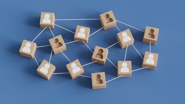 Building Team Concept with Wooden blocks connected together on a blue background. Hiring concept