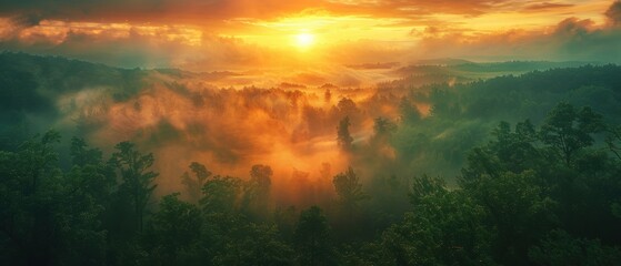 Obraz premium Sunrise Over Misty Forest Landscape