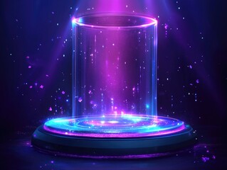 Realistic 2D cartoon illustration of a teleport podium featuring magical aura light effects with 3D elements on a dark background Fantasy themed design template