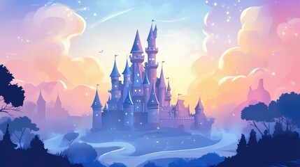 Fantasy fairy tale princess castle design Elegant card cover 2D cartoon illustration EPS 10 format