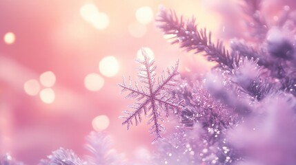 Snowflakes on a soft light pink lilac background with a sparkling effect perfect for winter holiday themed decorations