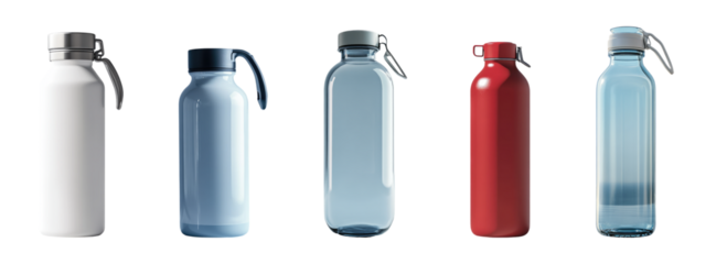 Collection of assorted reusable water bottles in various colors isolated on white background