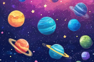 Large planets set against a cosmic backdrop filled with small stars 2D cartoon style flat illustration